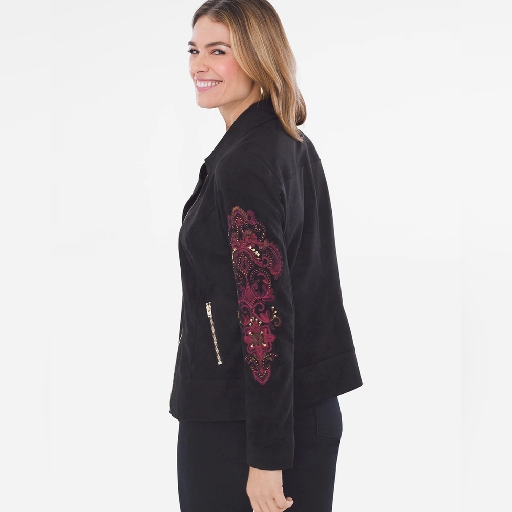 Chicos Sueded Embroidered-Sleeve Moto Jacket - Picture 3 of 11